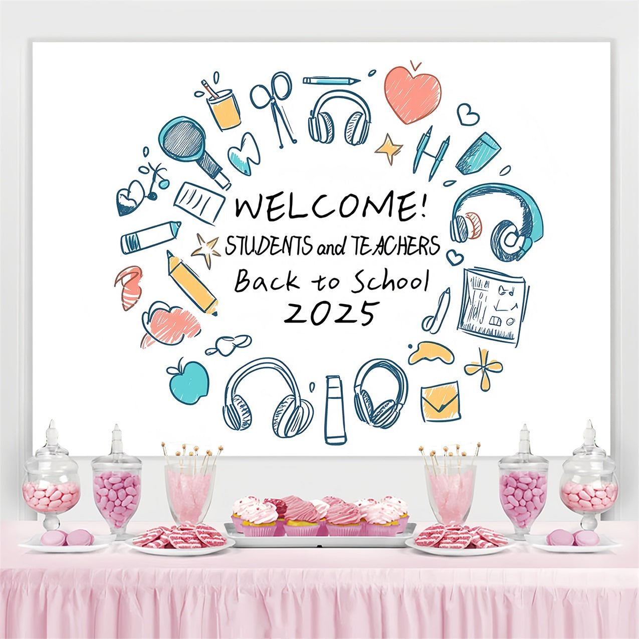 Backdrop For Back To School Hand Drawn School Supplies Backdrop UK CSH3-58