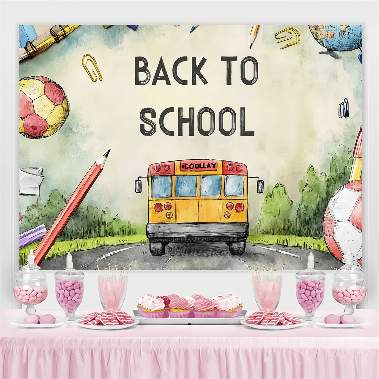 Back To School Backdrop Ideas Watercolor School Bus Road Backdrop UK CSH3-63