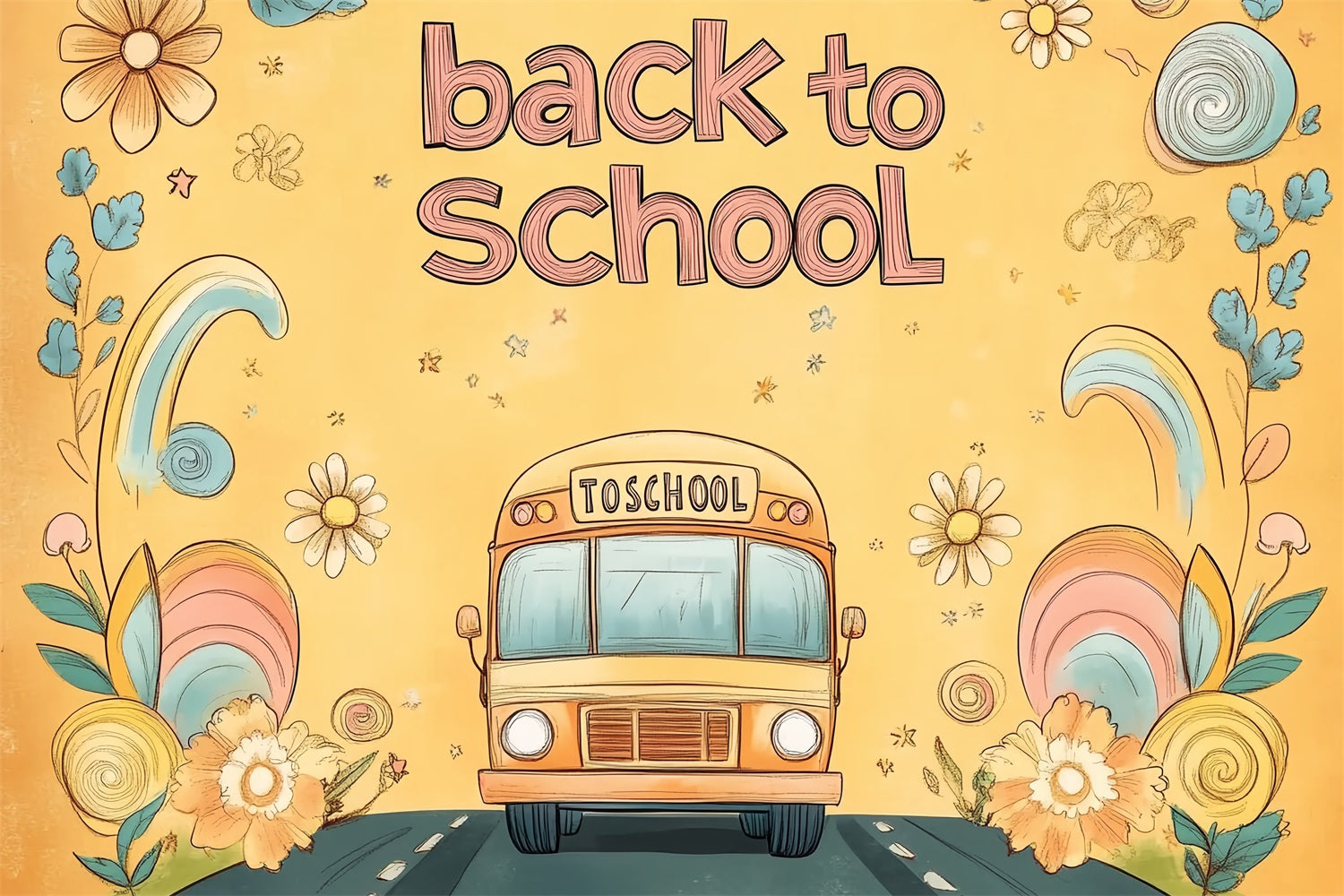 Back To School Backdrops Hand-Drawn Floral School Bus Backdrop UK CSH3-67