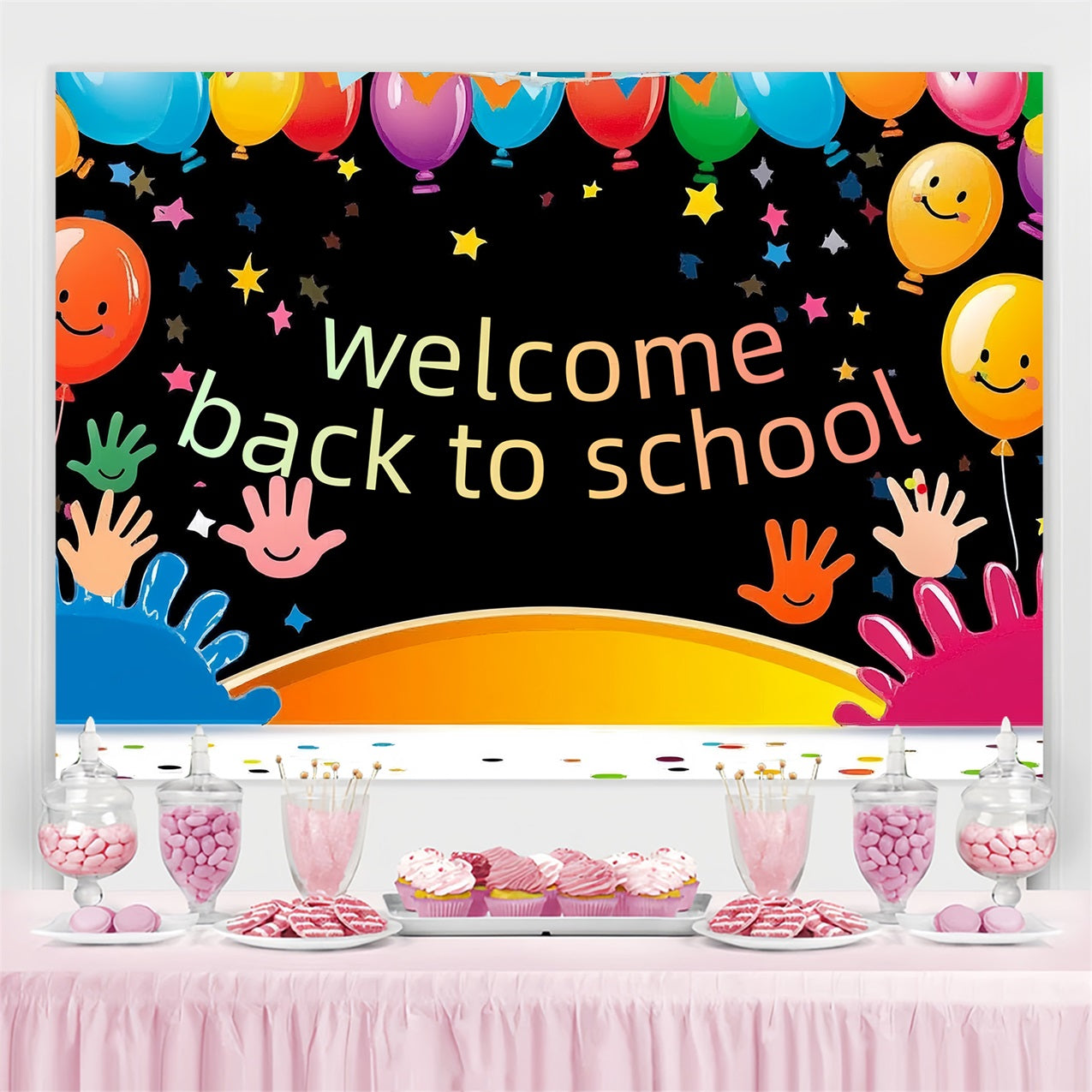 Back To School Backdrop Playful Handprints Colorful Balloon Backdrop UK CSH3-84