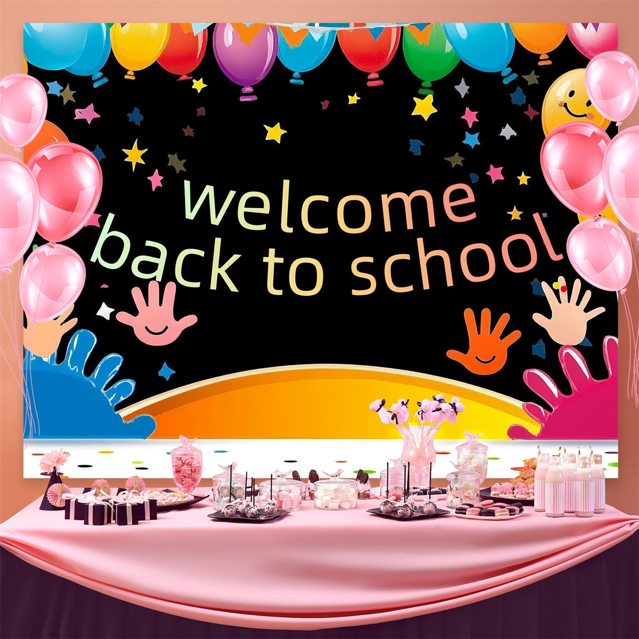 Back To School Backdrop Playful Handprints Colorful Balloon Backdrop UK CSH3-84
