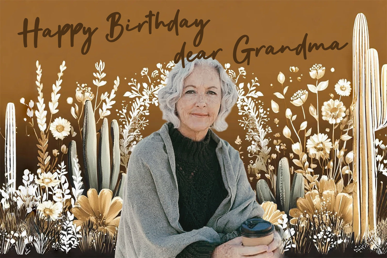 Personalized 70th Birthday Backdrop Grandma Floral Cactus Backdrop UK CSH4-19