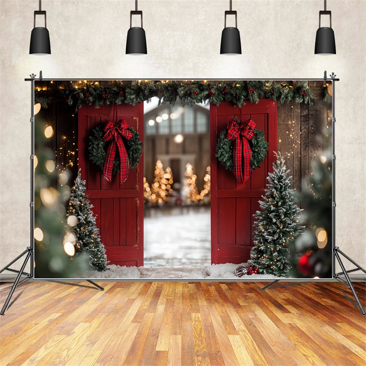 Red Barn Backdrop Christmas Entrance Bow Wreath Backdrop UK CSH4-223