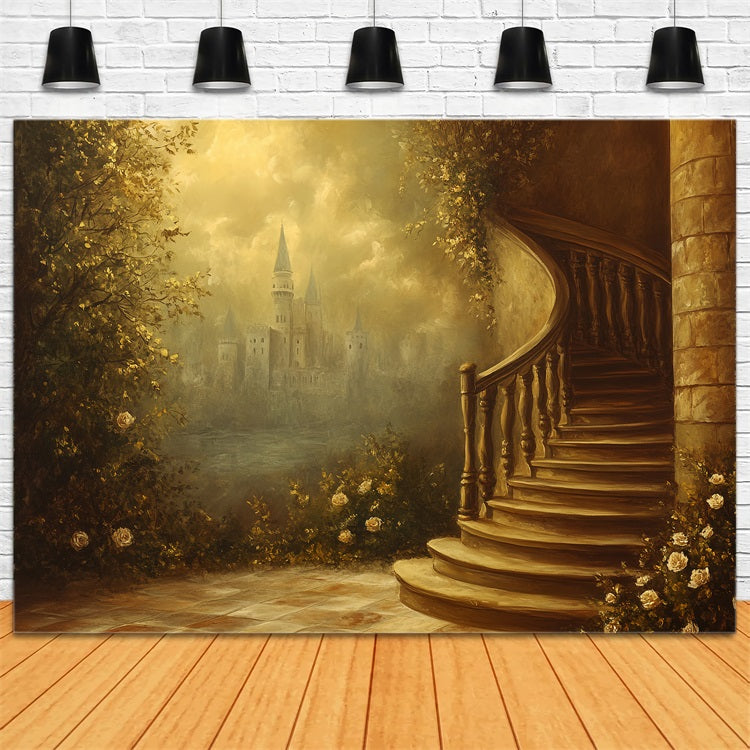 Victorian Photo Backdrop Spiral Staircase Castle Vintage Backdrop UK CSH4-273