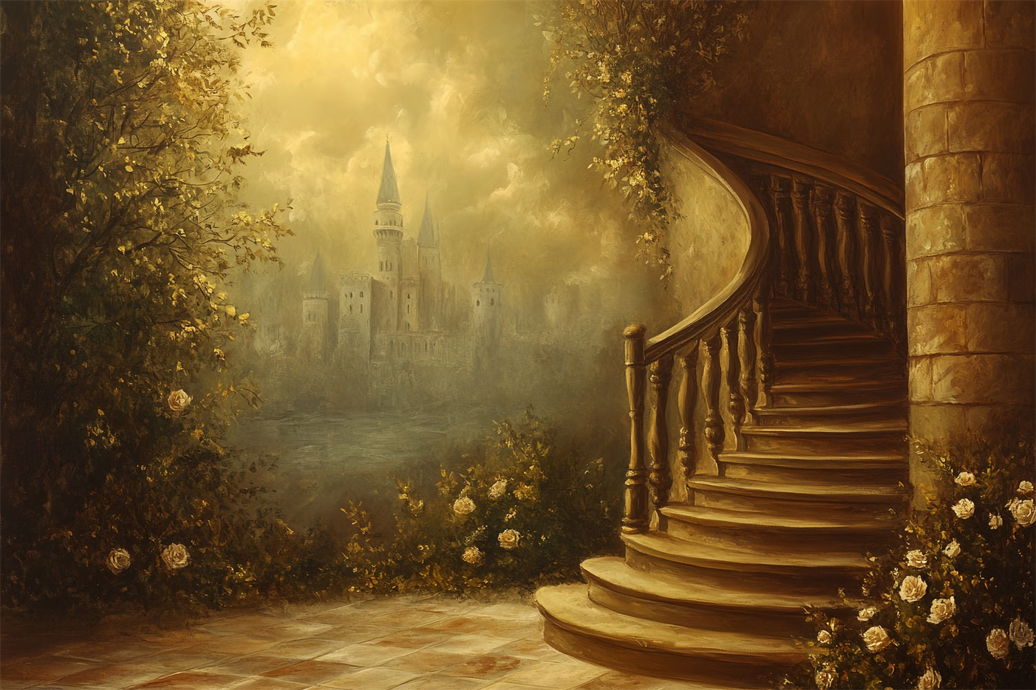 Victorian Photo Backdrop Spiral Staircase Castle Vintage Backdrop UK CSH4-273