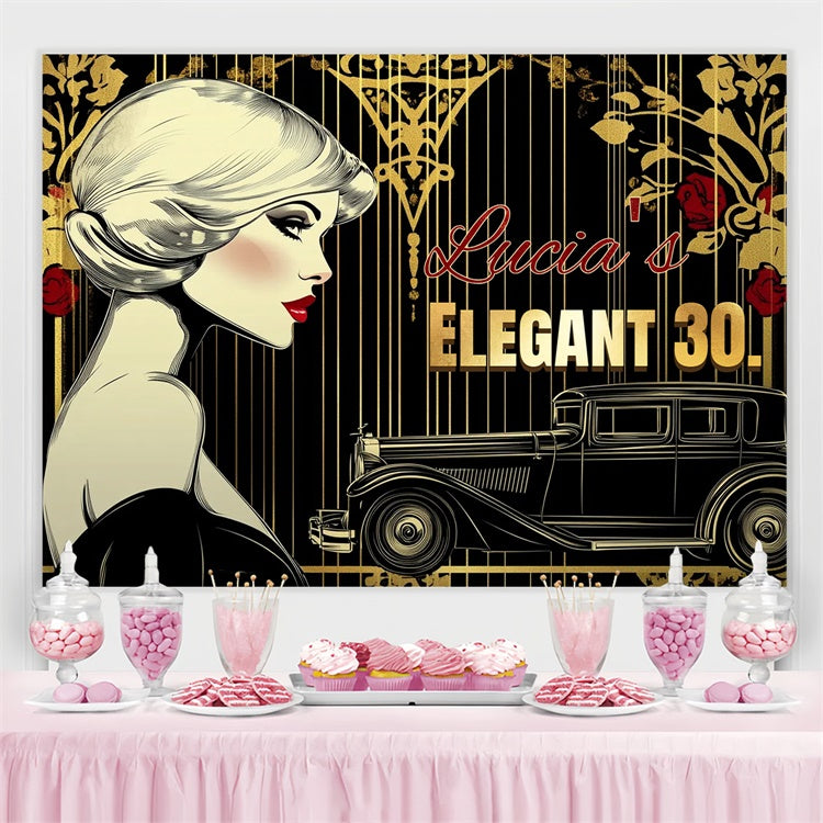 Personalized 30th Birthday Backdrop Golden Floral Black Art Backdrop UK CSH4-28
