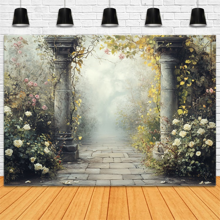 Vintage Backdrop For Photoshoot Stone Pathway Flowers Backdrop UK CSH4-311
