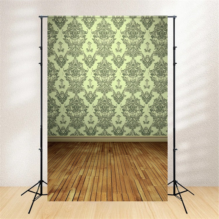 Victorian Backdrop Green Damask Wooden Floor Vintage Backdrop UK CSH4-319
