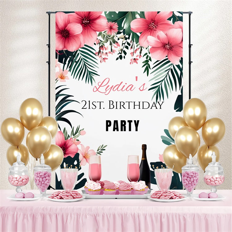 Personalized 21st Birthday Backdrop Pink Floral Palm Leaves Backdrop UK CSH4-37