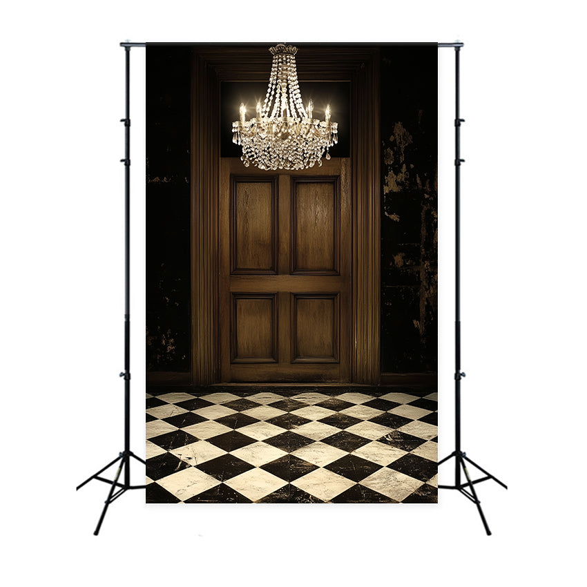Retro Photo Backdrop Chandelier Wooden Door Vintage Backdrop UK CSH4-393