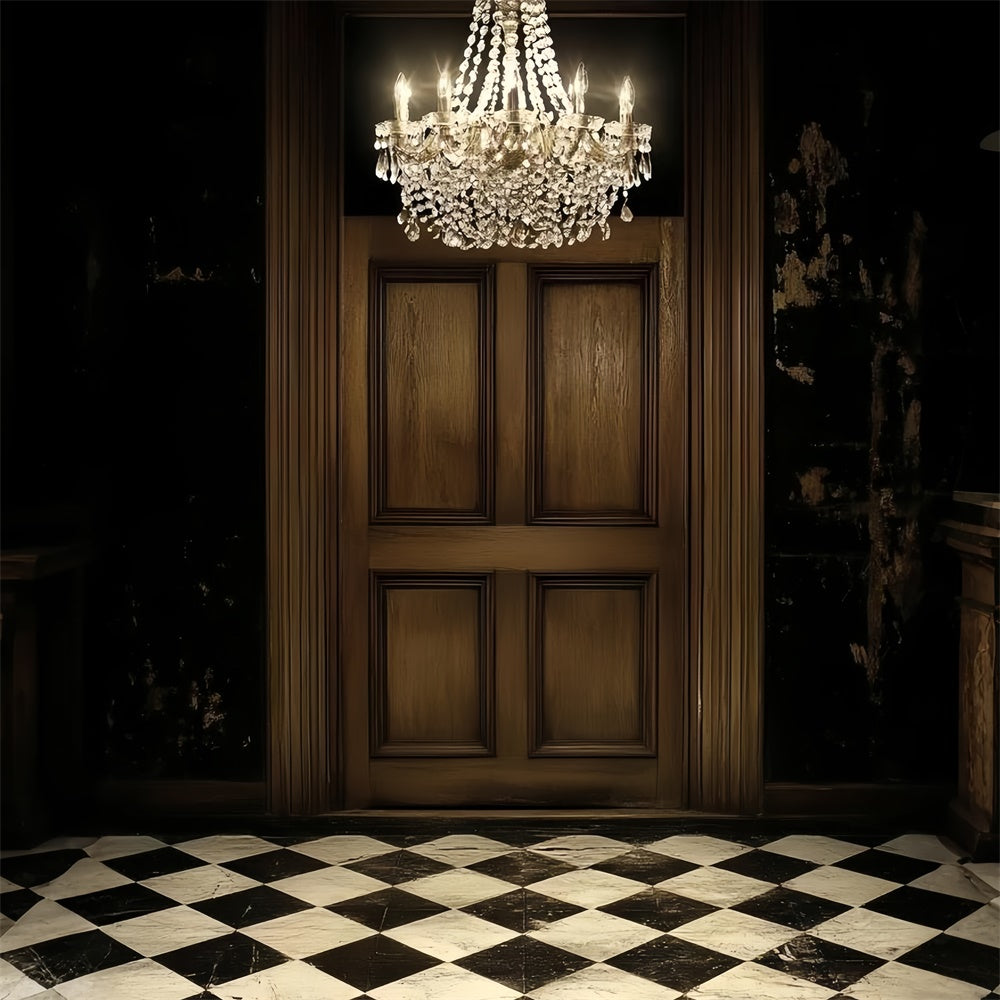 Retro Photo Backdrop Chandelier Wooden Door Vintage Backdrop UK CSH4-393