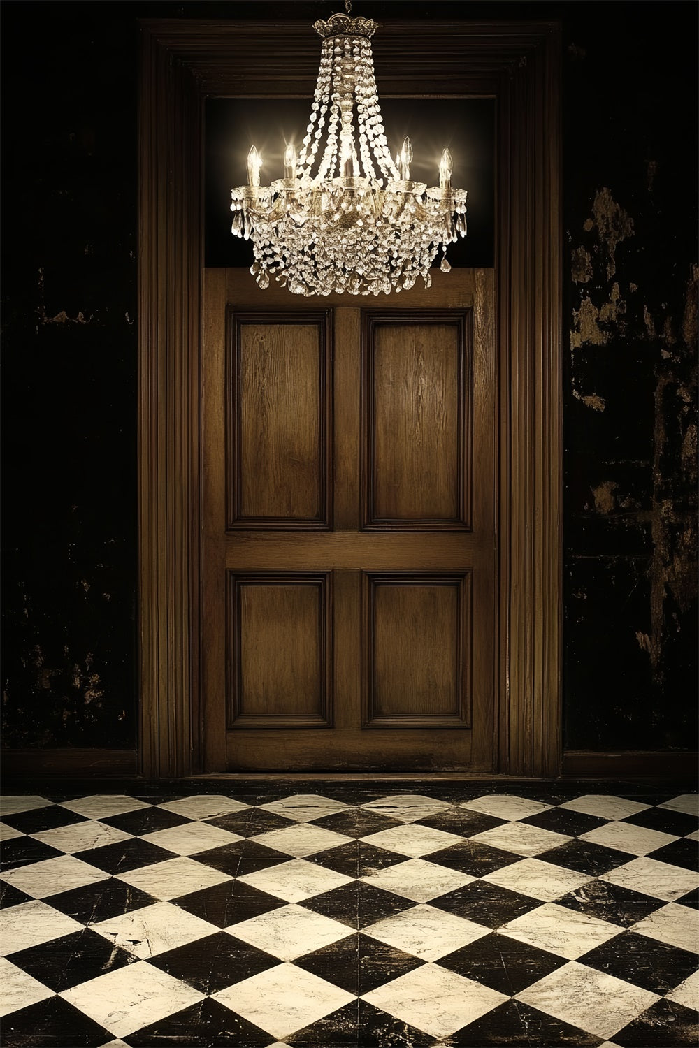 Retro Photo Backdrop Chandelier Wooden Door Vintage Backdrop UK CSH4-393