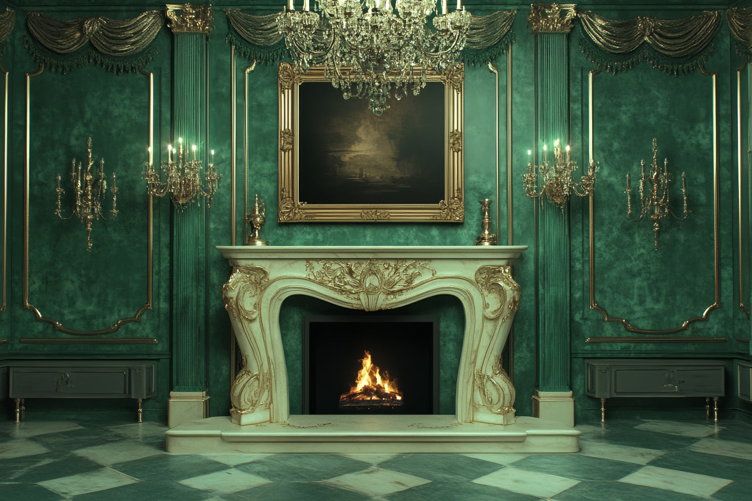 Victorian Photo Backdrop Luxurious Green Palace Vintage Backdrop UK CSH4-411