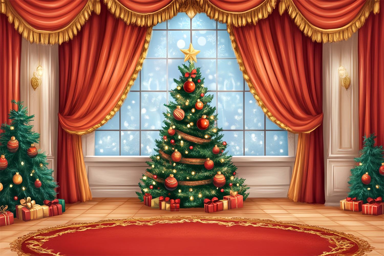 Christmas Stage Backdrops Holiday Window Red Curtain Backdrop UK CSH5-154