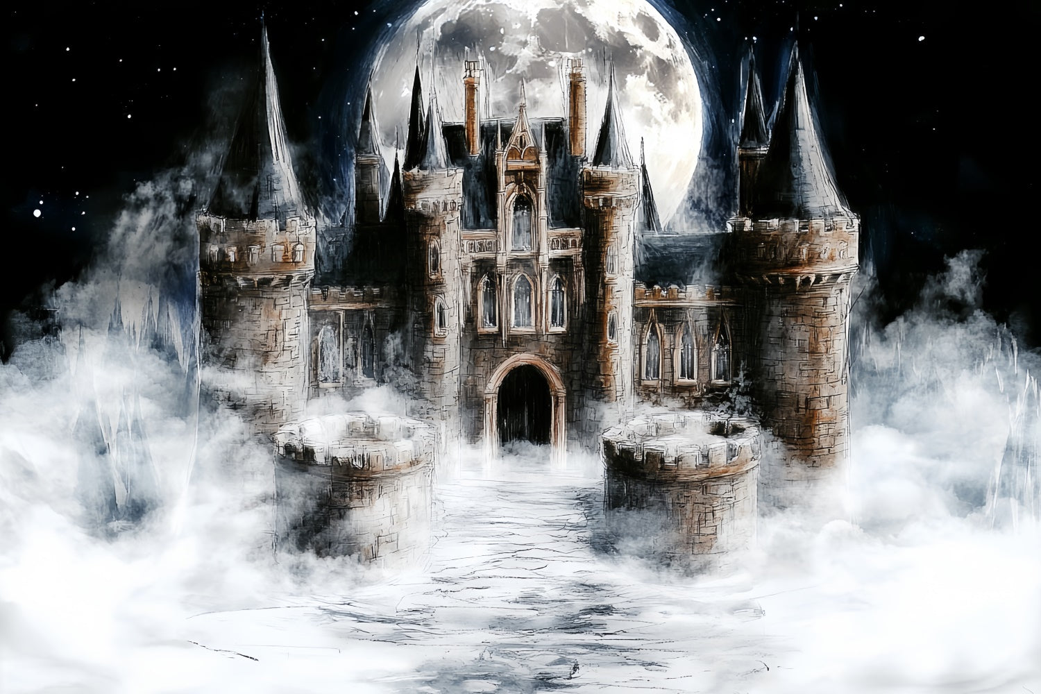 Castle Backdrops Moonlit Mist Castle Kids Backdrop UK CSH5-309