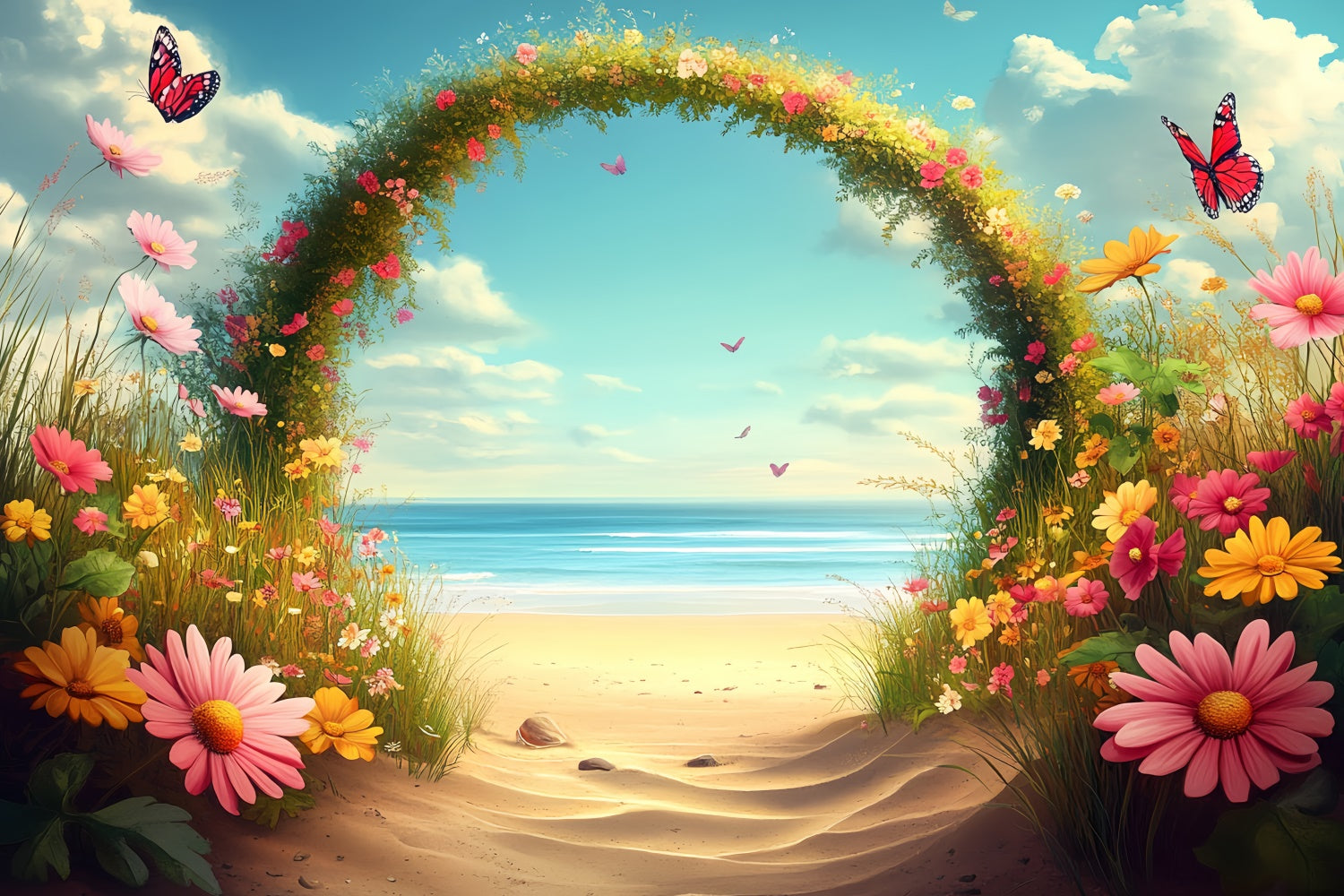 Beach Photo Backdrop Flowers Butterflies Summer Backdrop UK CSH5-80