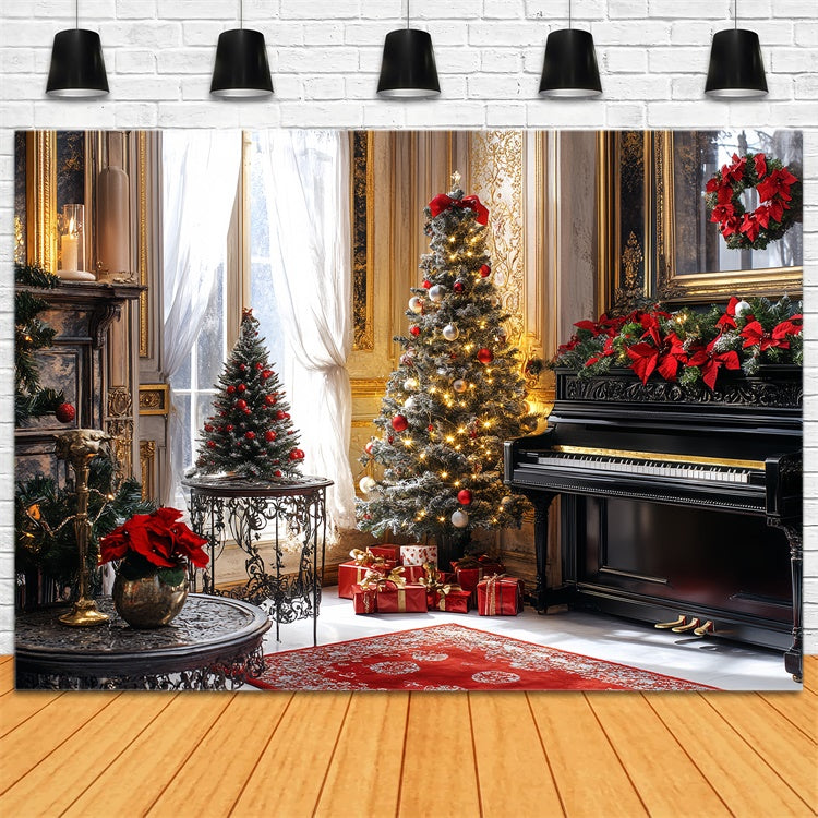 Vintage Christmas Backdrop Festive Golden Piano Backdrop UK CSH57-102