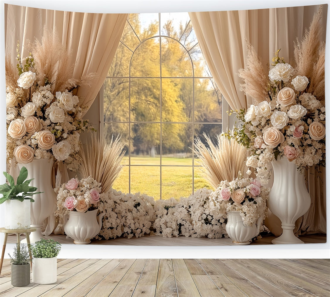 Boho Photo Backdrop Cream Rose Window Garden Backdrop UK CSH57-294