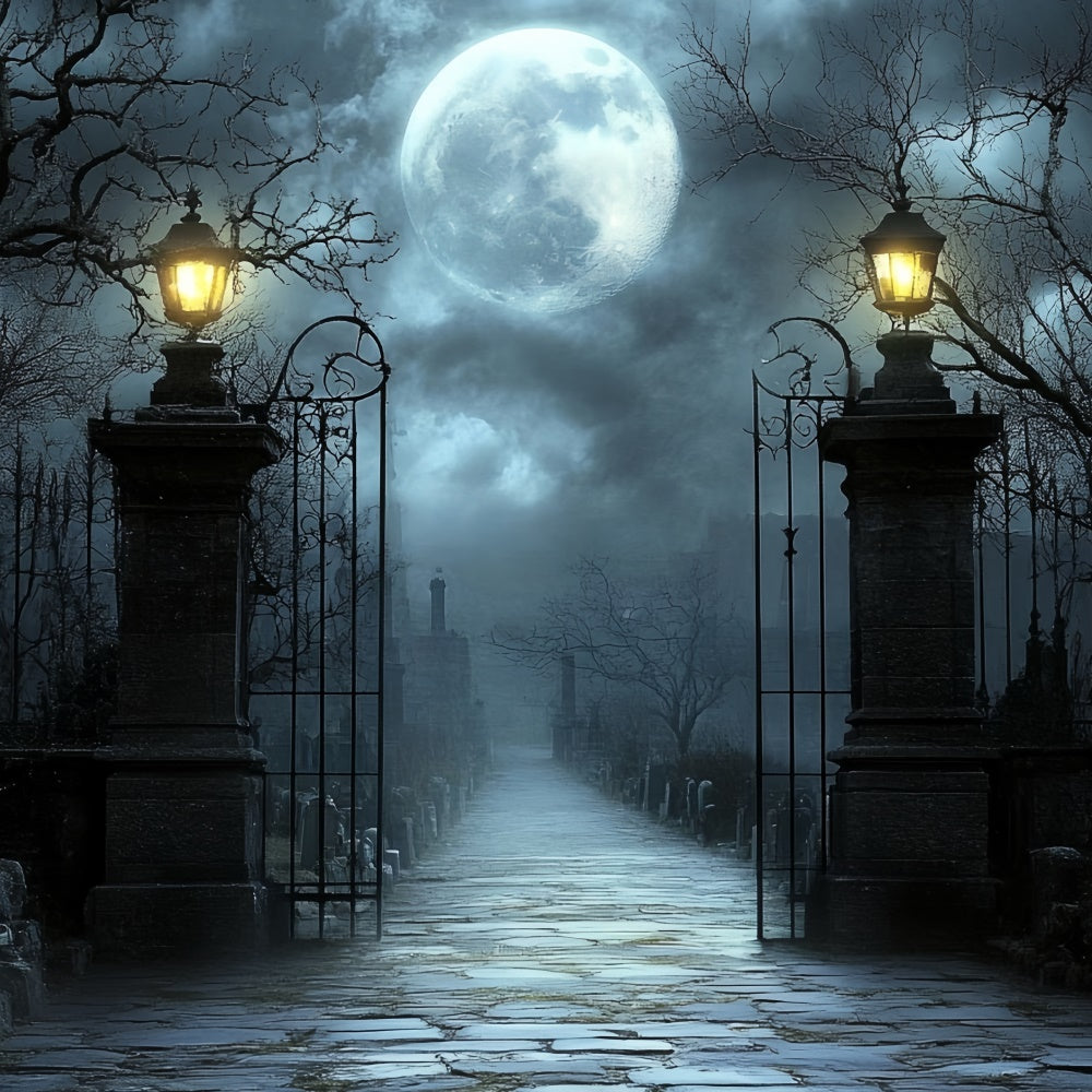 Halloween Photo Backdrop Moonlit Cemetery Gate Backdrop UK CSH57-63