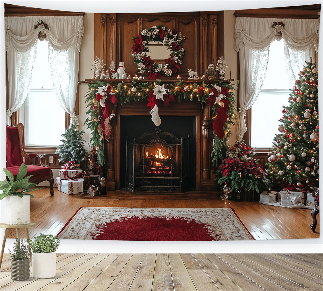 Vintage Christmas Backdrop Cozy Fireplace Cheer Backdrop UK CSH57-91