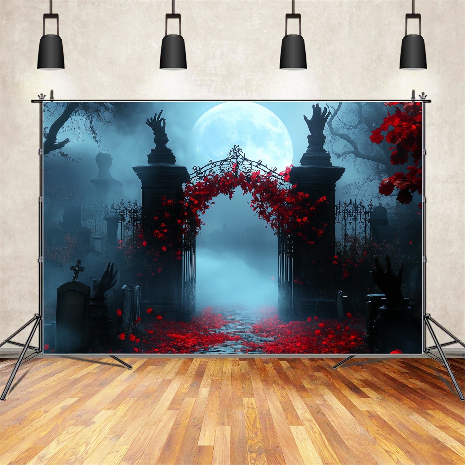 Graveyard Backdrop Crimson Ivy Moonlit Gate Halloween Photo Booth Backdrop UK CSH58-101