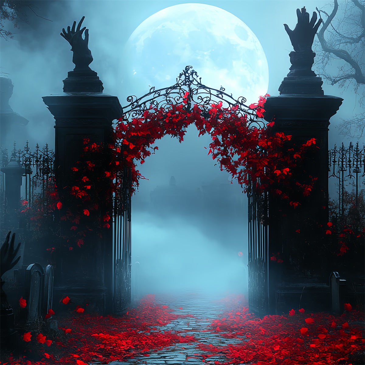 Graveyard Backdrop Crimson Ivy Moonlit Gate Halloween Photo Booth Backdrop UK CSH58-101