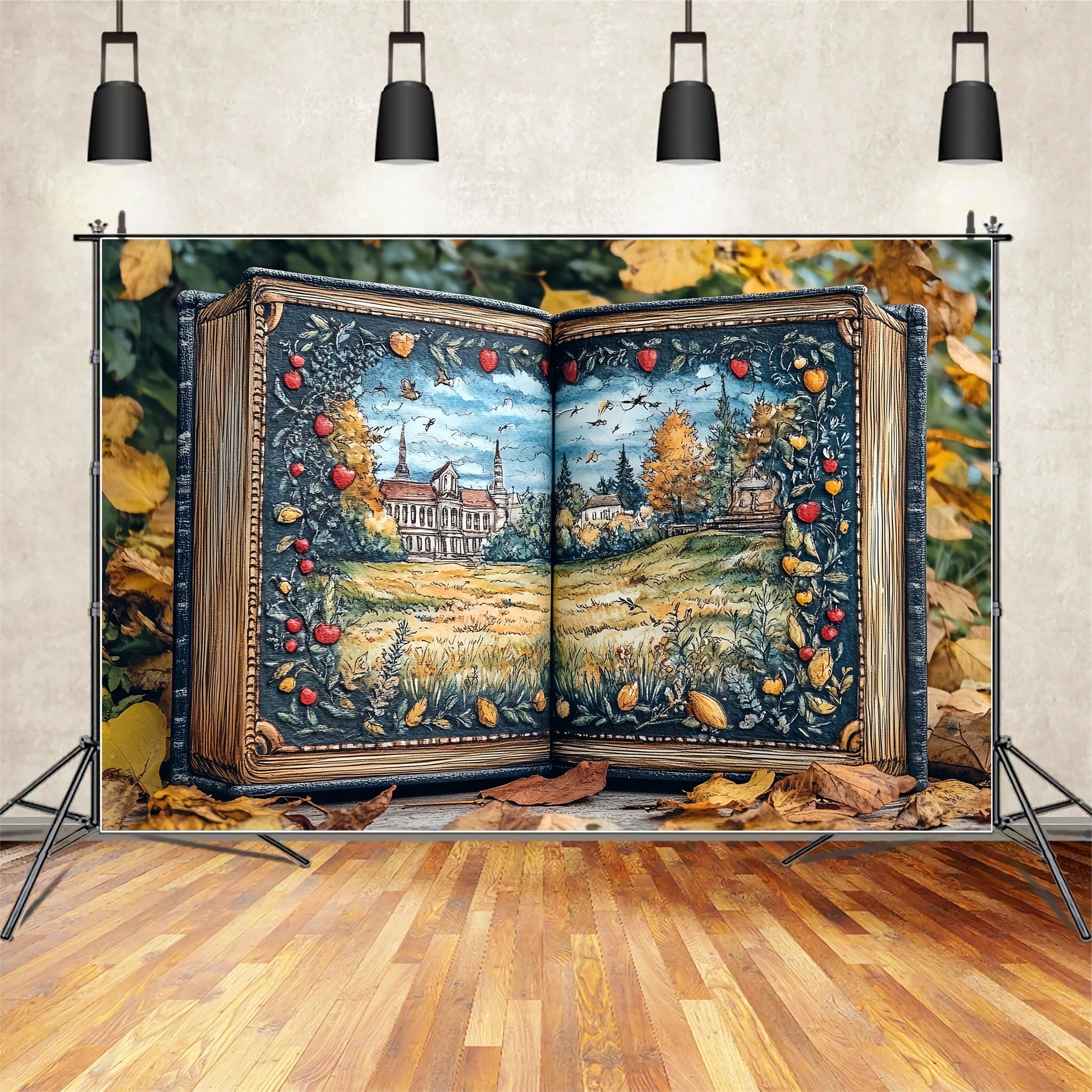 Book Backdrop Autumn Storybook Illustrated Landscape School Photo Backdrop UK CSH58-114