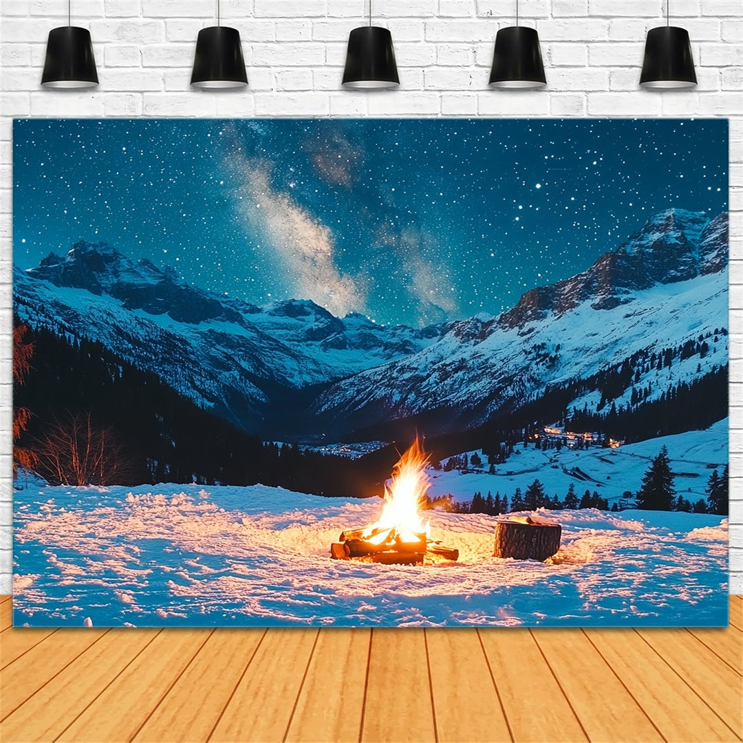 Winter Mountain Backdrop Starry Alpine Night with Campfire Winter scene Backdrop UK CSH58-22