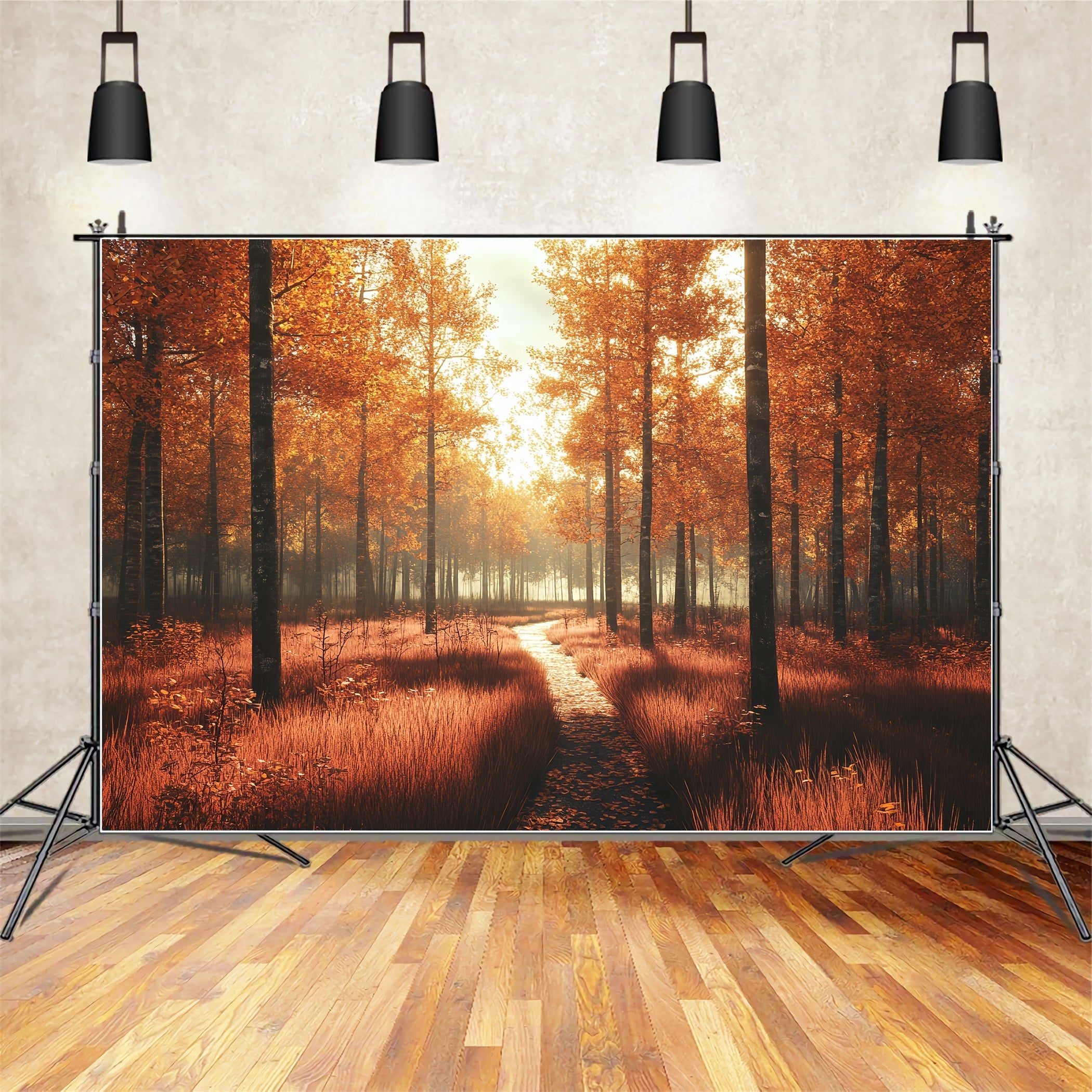Fall Nature Backdrop Sunlit Path Golden Forest Fall Photography Backdrop UK CSH58-229