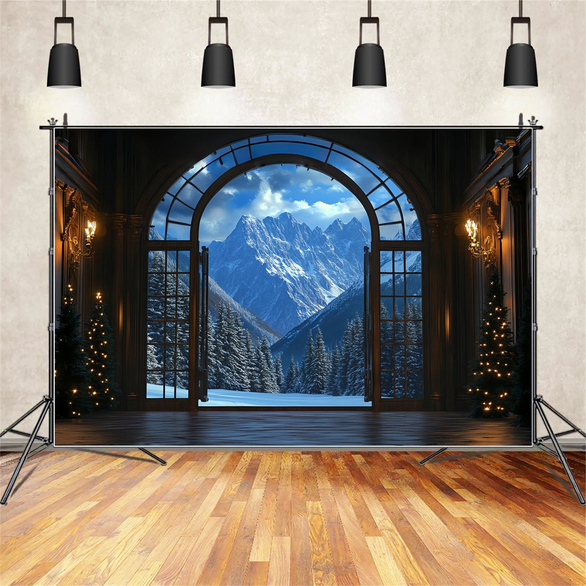 Winter Mountain Backdrop Grand Hall View to Snowy Peaks Winter window Backdrop UK CSH58-24