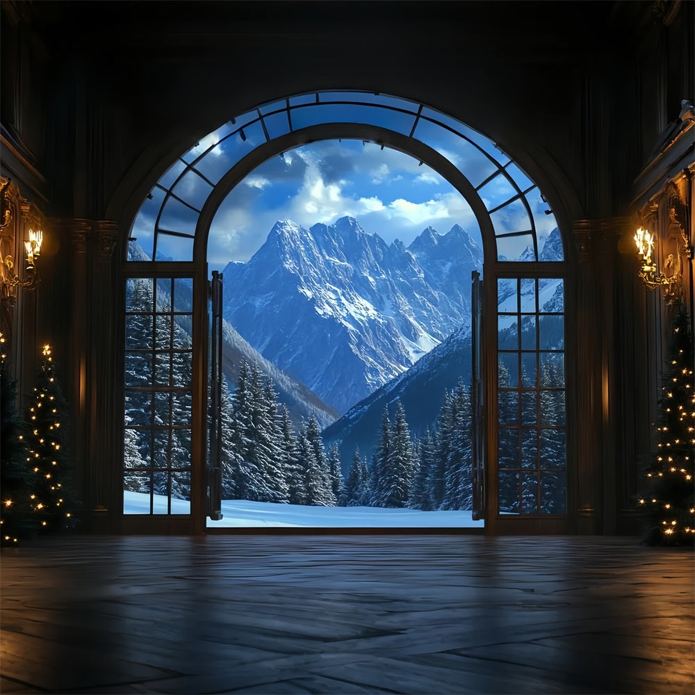 Winter Mountain Backdrop Grand Hall View to Snowy Peaks Winter window Backdrop UK CSH58-24
