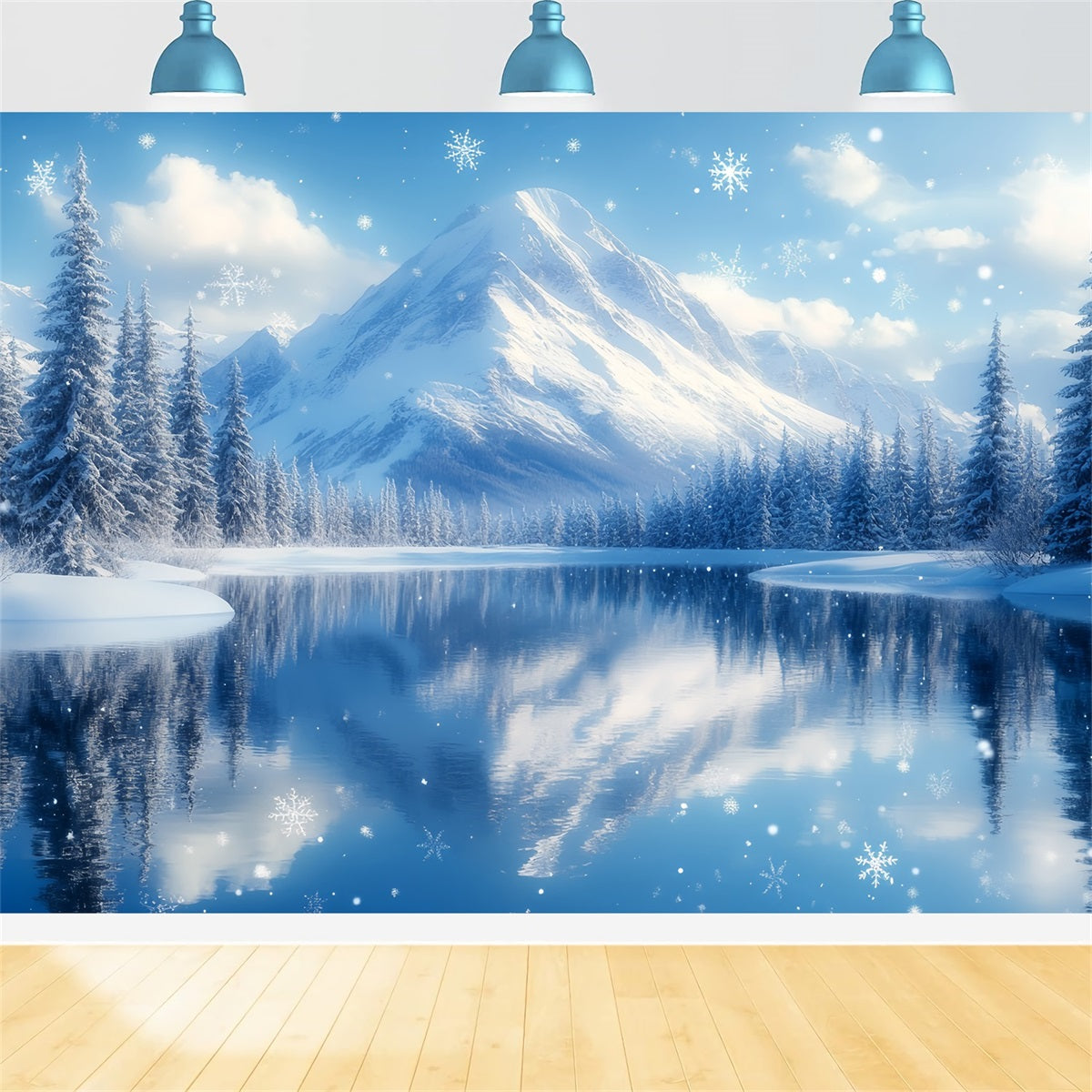 Winter Mountain Backdrop Snowy Mountain Lake with Falling Snowflakes Winter onederland Backdrop UK CSH58-25