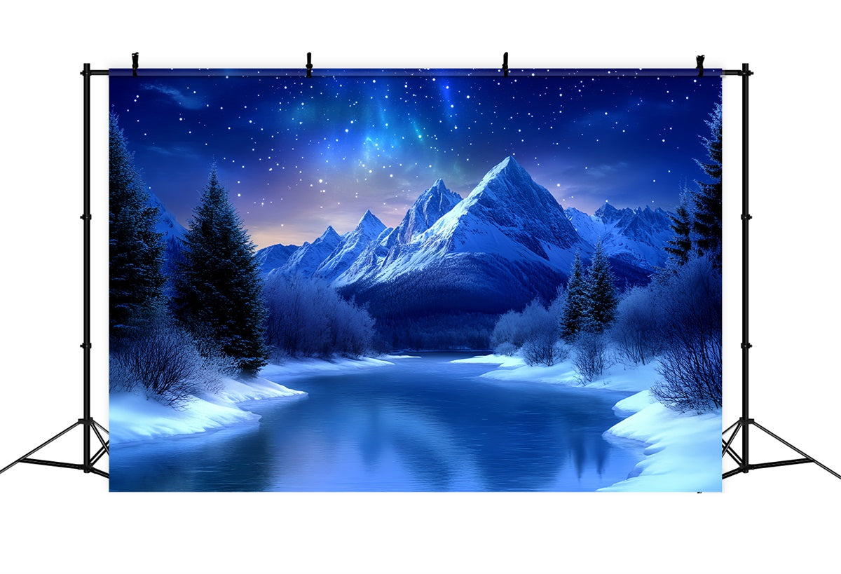 Winter Mountain Backdrop Starry Night Over Frozen River Mountains Winter wonderland Backdrops UK CSH58-26