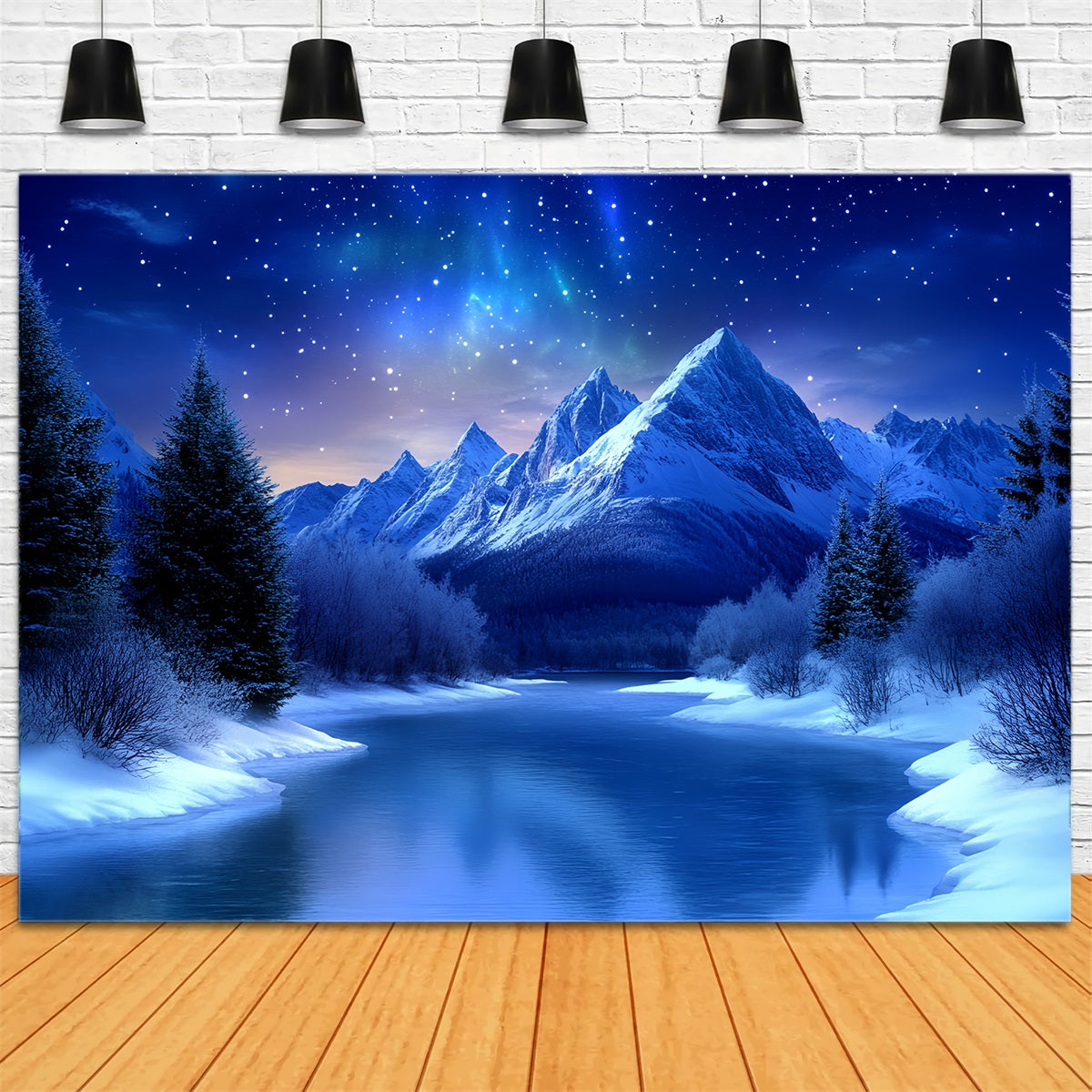 Winter Mountain Backdrop Starry Night Over Frozen River Mountains Winter wonderland Backdrops UK CSH58-26