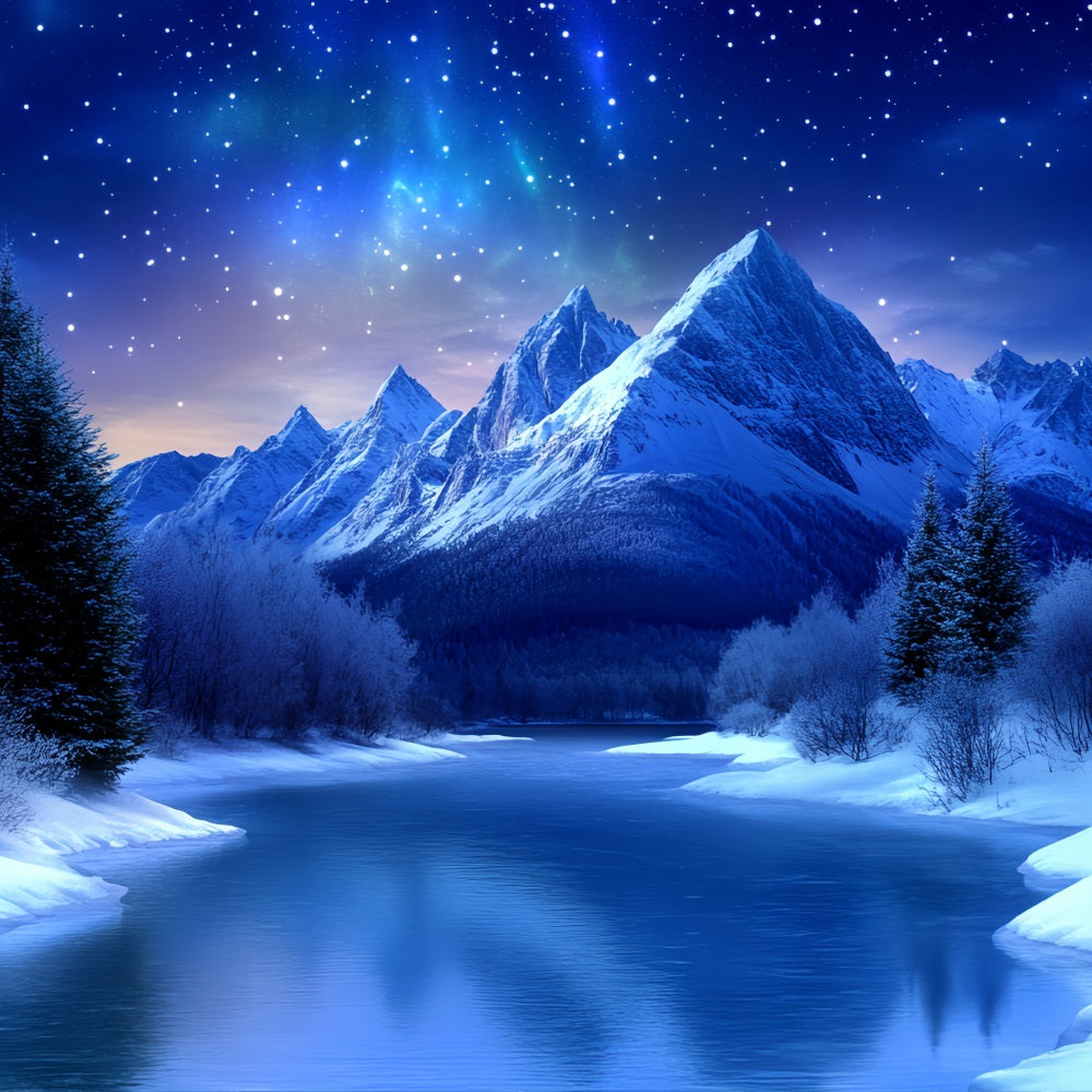 Winter Mountain Backdrop Starry Night Over Frozen River Mountains Winter wonderland Backdrops UK CSH58-26