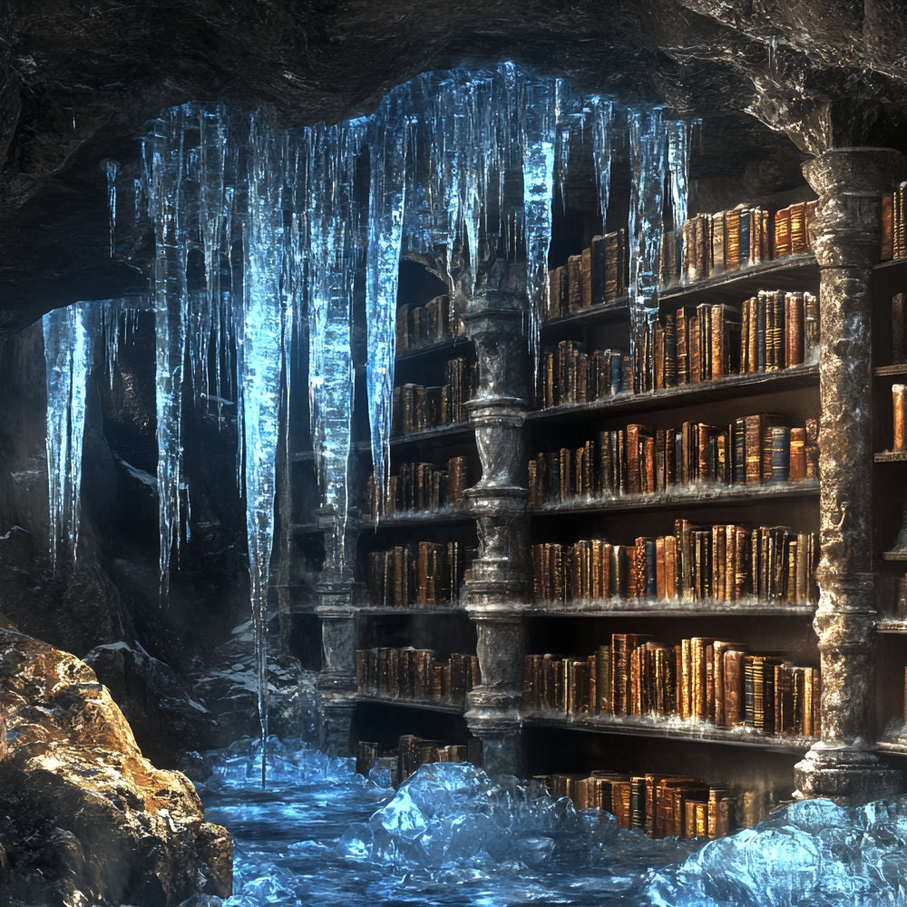 Frozen Backdrop Frozen Cavern Ancient Library with Icicles Winter Backdrop Photography UK CSH58-32