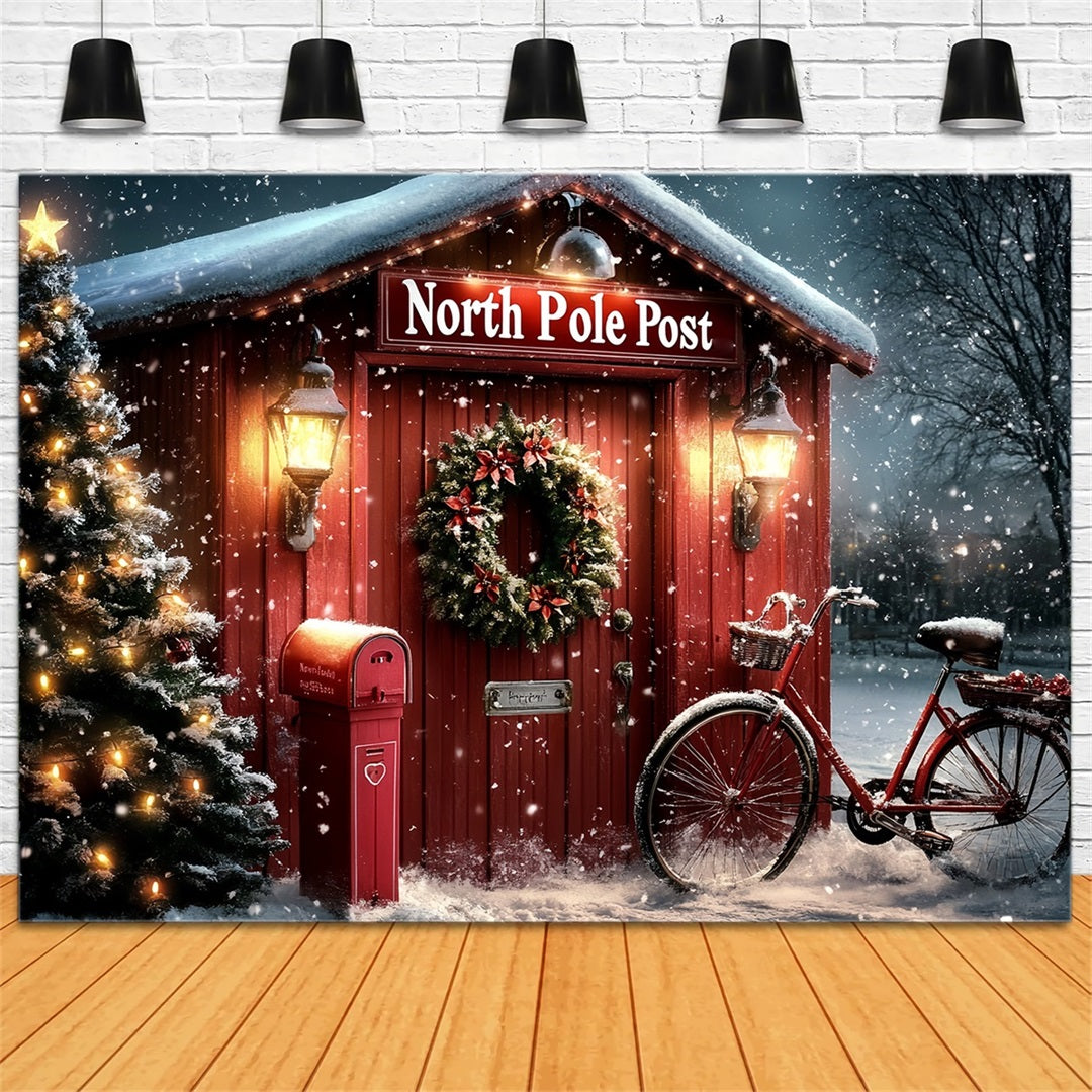 North Pole Backdrop North Pole Red Post Office with Wreath Winter holiday Backdrop UK CSH58-34