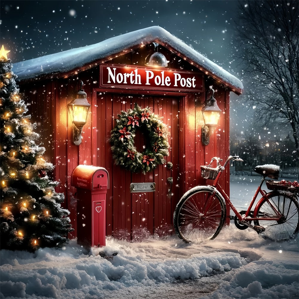 North Pole Backdrop North Pole Red Post Office with Wreath Winter holiday Backdrop UK CSH58-34