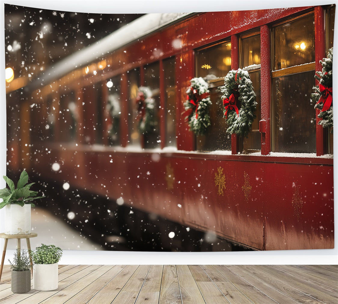 North Pole Backdrop Christmas Wreath Train Carriage Snowfall Winter holiday Backdrop UK CSH58-39