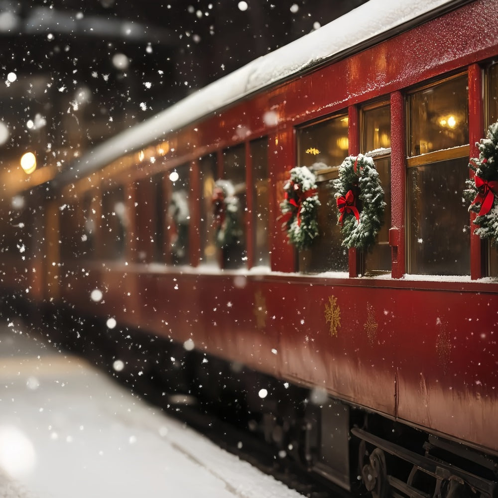North Pole Backdrop Christmas Wreath Train Carriage Snowfall Winter holiday Backdrop UK CSH58-39