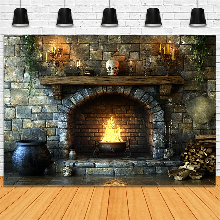 Fireplace Backdrop Witch Cauldron Fireplace Flames Halloween Backdrop UK CSH58-60