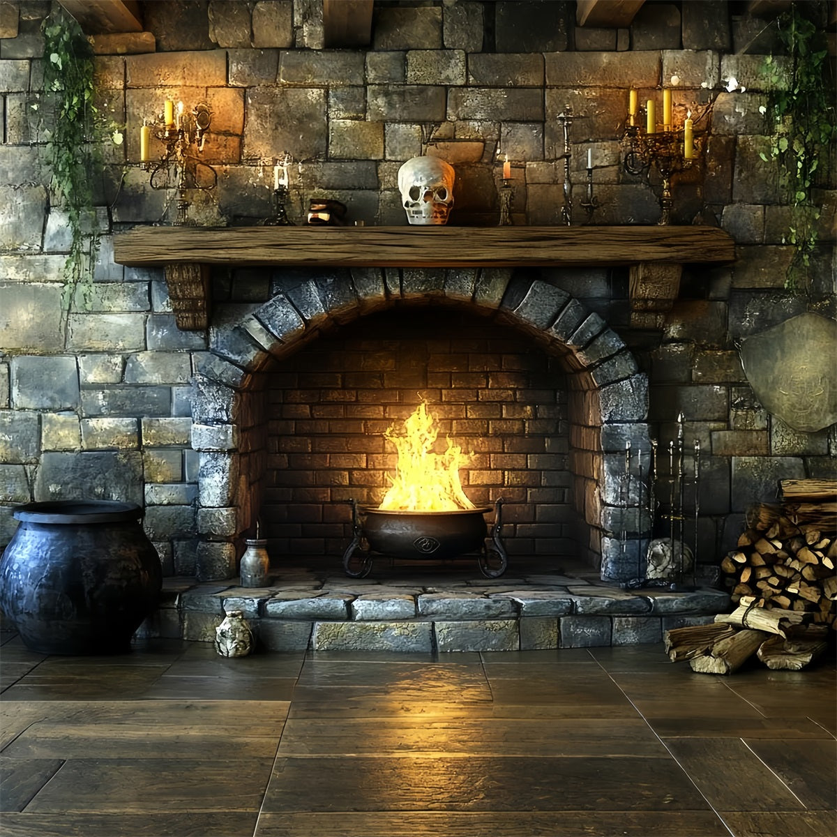 Fireplace Backdrop Witch Cauldron Fireplace Flames Halloween Backdrop UK CSH58-60