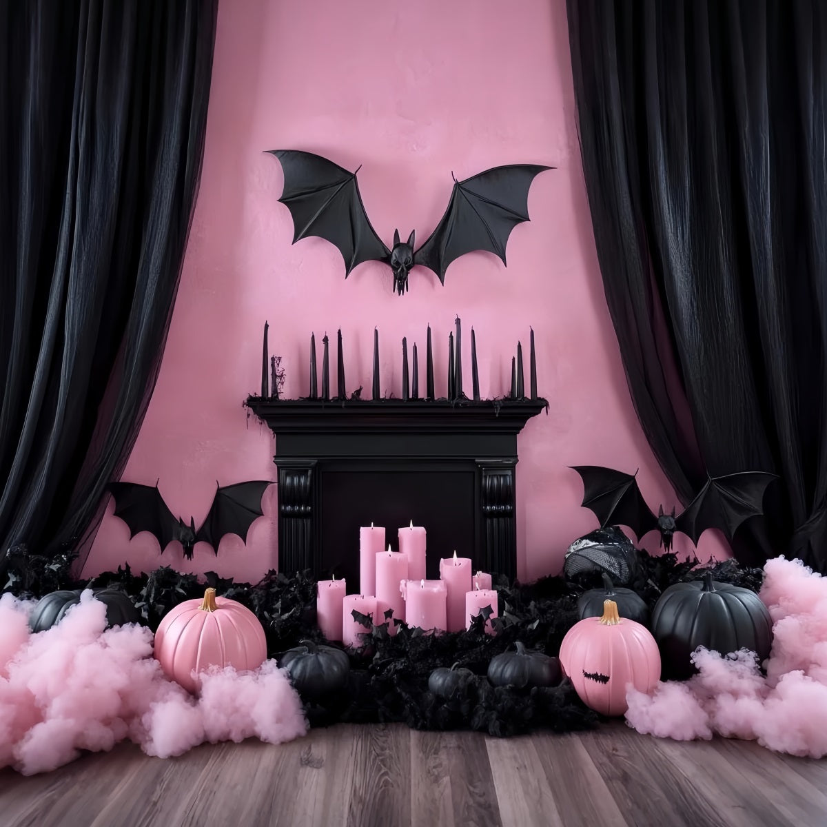 Fireplace Backdrop Pink Gothic Bat Mantel Halloween Backdrops UK CSH58-61