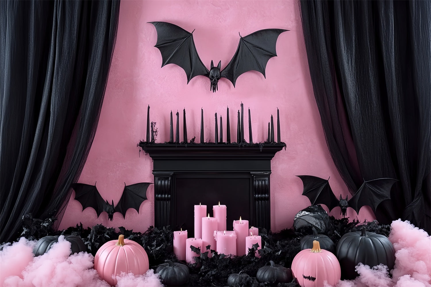 Fireplace Backdrop Pink Gothic Bat Mantel Halloween Backdrops UK CSH58-61