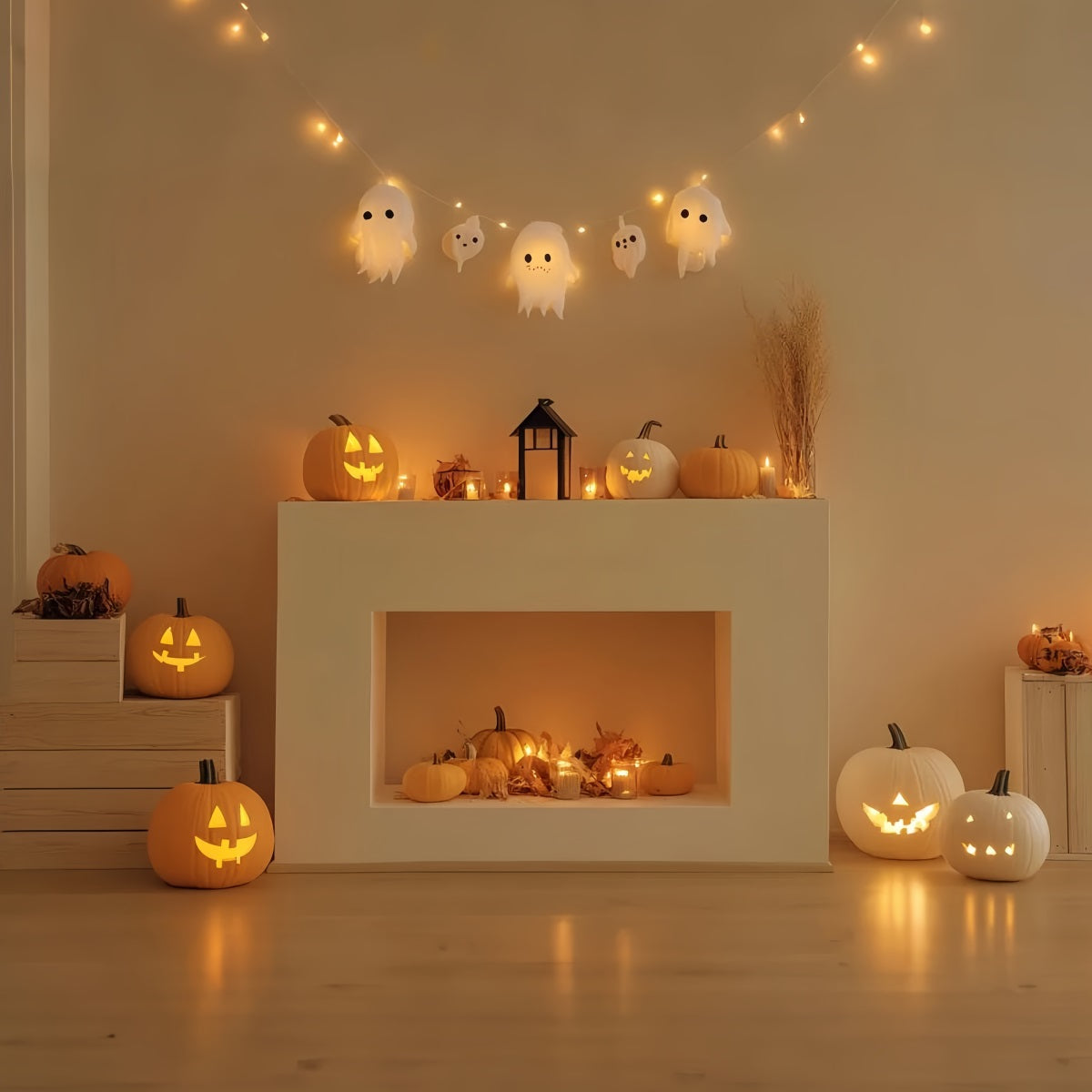 Fireplace Backdrop Smiling Pumpkin Ghost Mantel Halloween Photo Backdrop UK CSH58-63