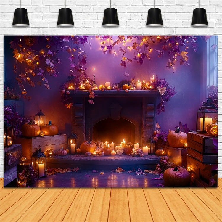 Fireplace Backdrop Autumn Leaves Candle Glow Halloween Picture Backdrop UK CSH58-64