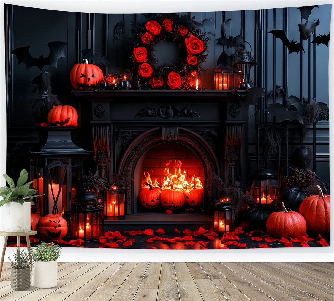 Fireplace Backdrop Gothic Bat Pumpkin Fireplace Halloween Photo Backdrop UK CSH58-65