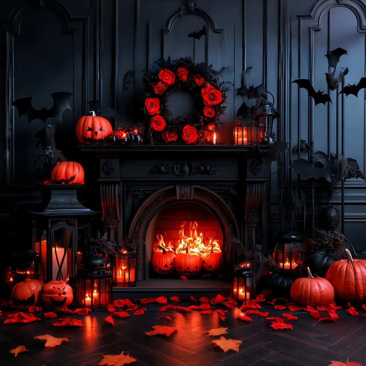 Fireplace Backdrop Gothic Bat Pumpkin Fireplace Halloween Photo Backdrop UK CSH58-65