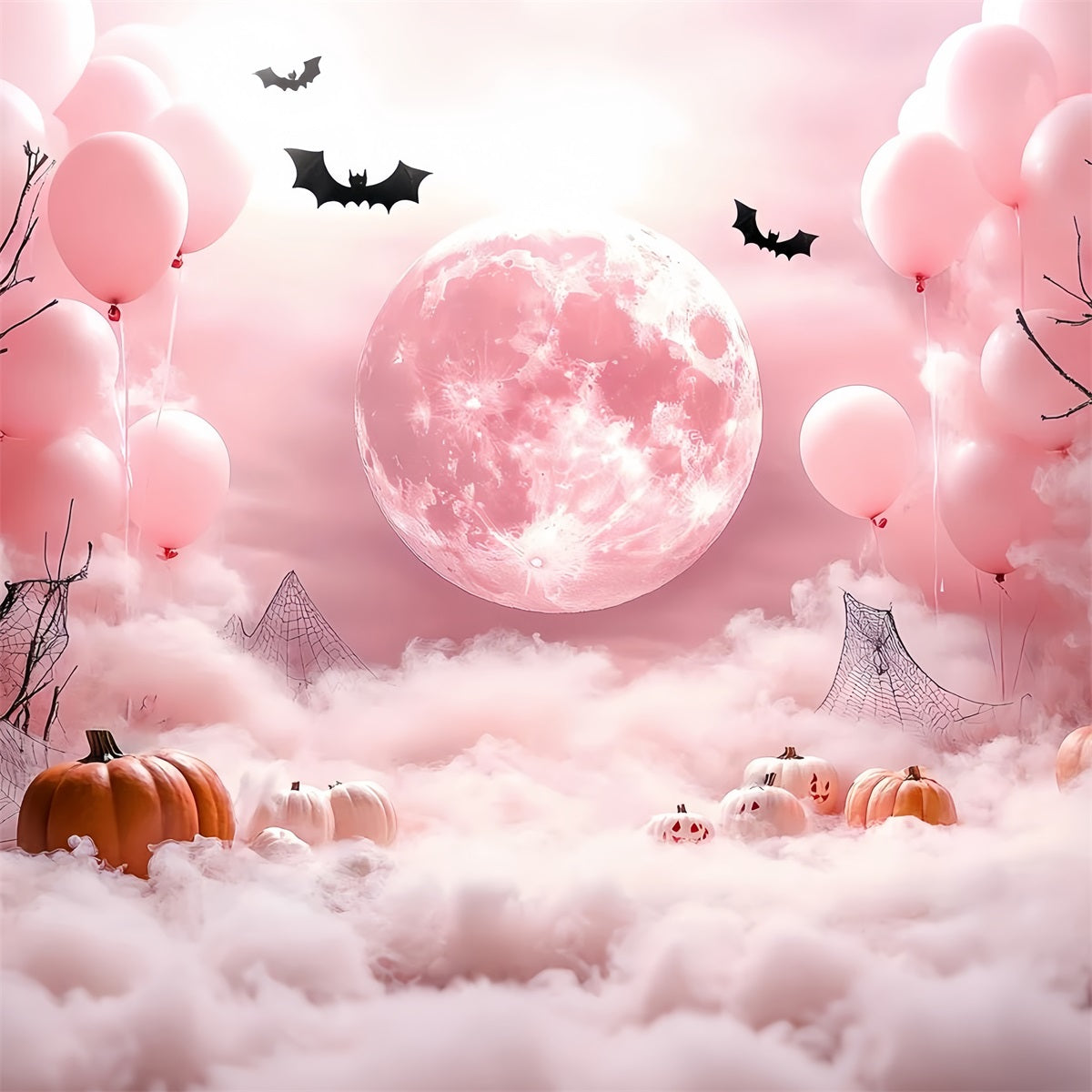 Moon Backdrop Foggy Pink Moonlight Pumpkins Halloween Backdrop UK CSH58-68
