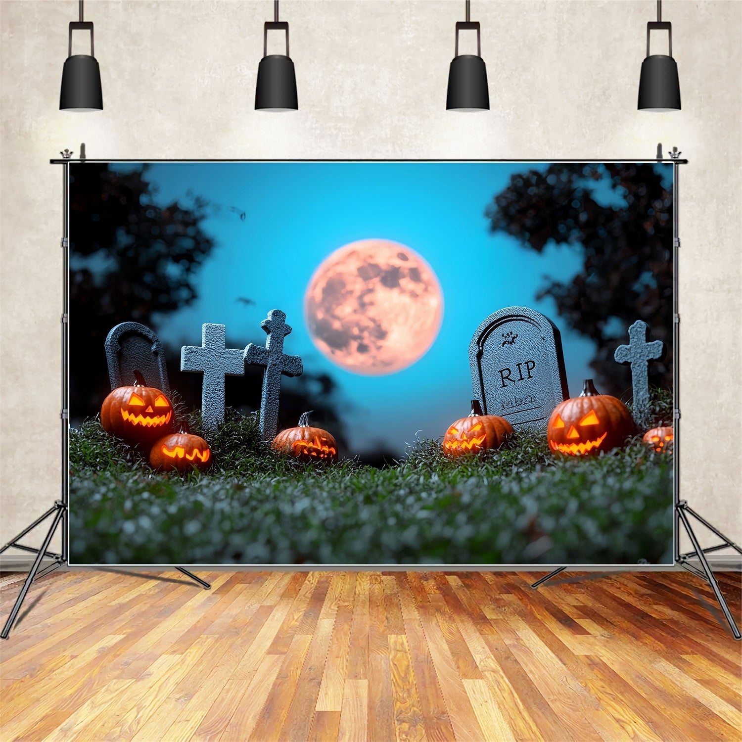 Moon Backdrop Cemetery Pumpkins Full Moon Halloween Photo Backdrop UK CSH58-69